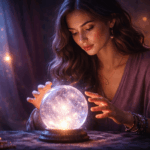 Femme médium interrogeant l’avenir avec une boule de cristal lors d’une séance de voyance intuitive et apaisante.