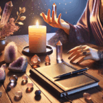 Table de lithothérapie avec pierres et cristaux, bougie et carnet, pour illustrer la lithothérapie et comprendre comment ça marche au quotidien