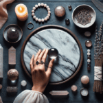 Rituel pierres et lune : une main avec cristaux sur plateau en marbre, pour illustrer comment recharger ses pierres à la pleine lune.