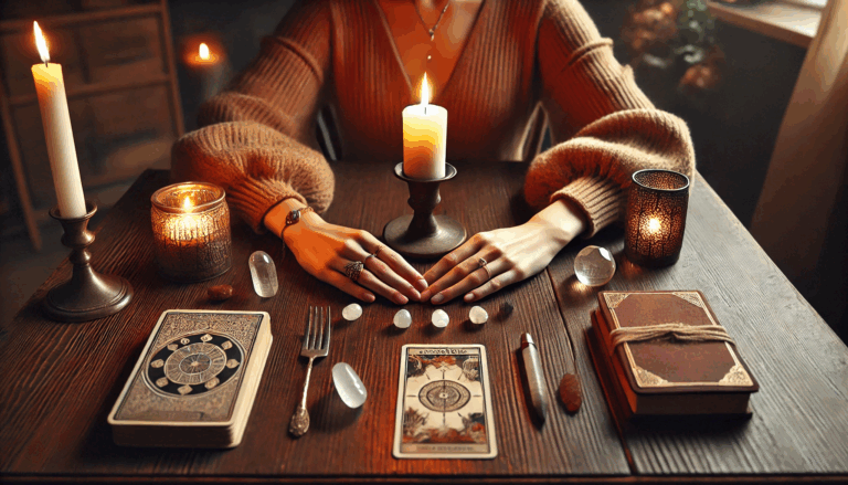 Mains d’une femme entourant une bougie au centre d’une table avec tarot, cristaux et carnet, illustrant un rituel de protection pour pratiquer l’ésotérisme en sécurité.