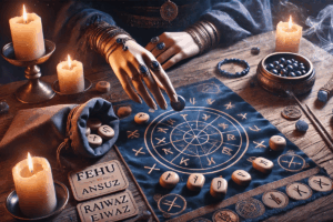 Tirage de runes sur un tapis bleu nuit, avec une main qui choisit une rune pour répondre à une question de voyance