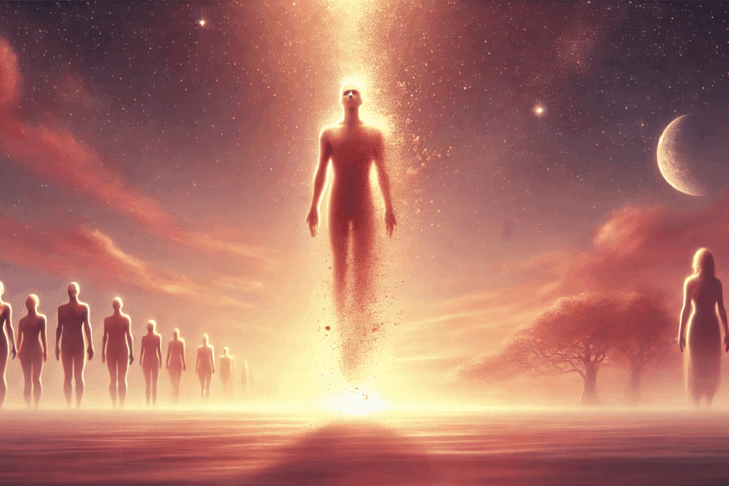 Femme assise devant une fenêtre regardant un ciel étoilé où apparaissent des silhouettes de vies antérieures, illustrant la réincarnation et les vies antérieures.