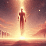 Femme assise devant une fenêtre regardant un ciel étoilé où apparaissent des silhouettes de vies antérieures, illustrant la réincarnation et les vies antérieures.