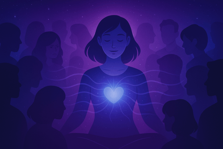 Jeune femme en méditation entourée de vagues de lumière, symbolisant l’équilibre intérieur et la gestion des émotions au milieu des autres