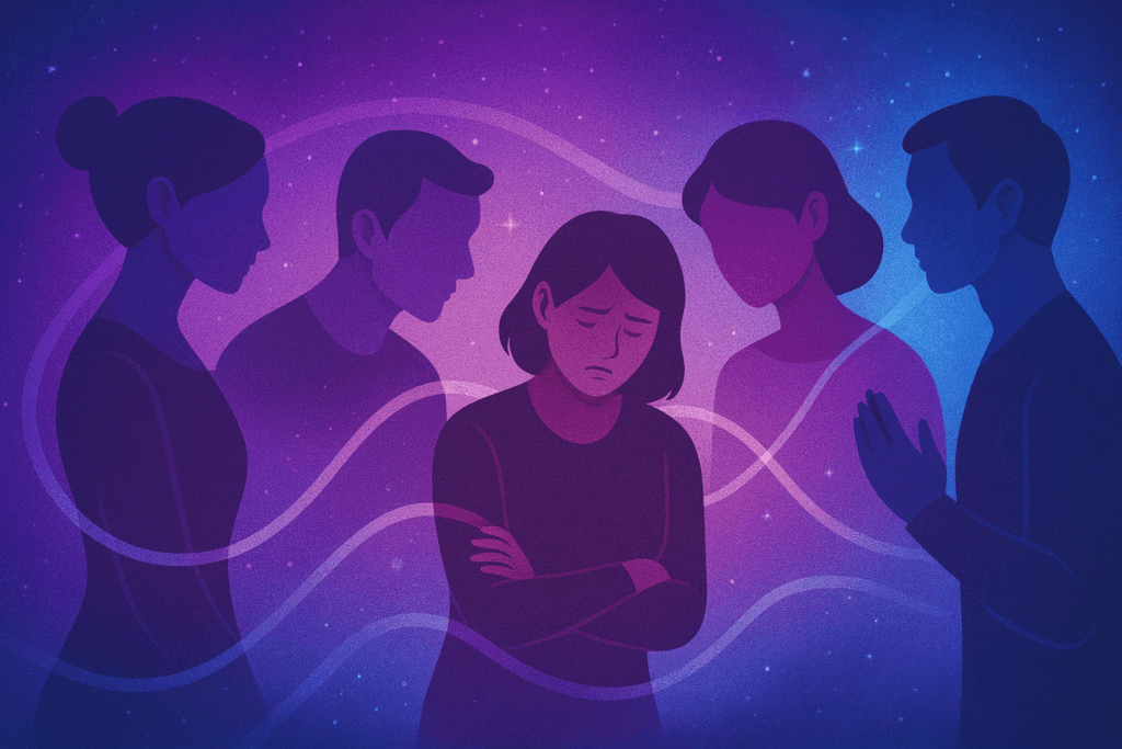 Illustration du systeme des relations place dans un groupe, avec quatre silhouettes reliees par des lignes de lumiere.