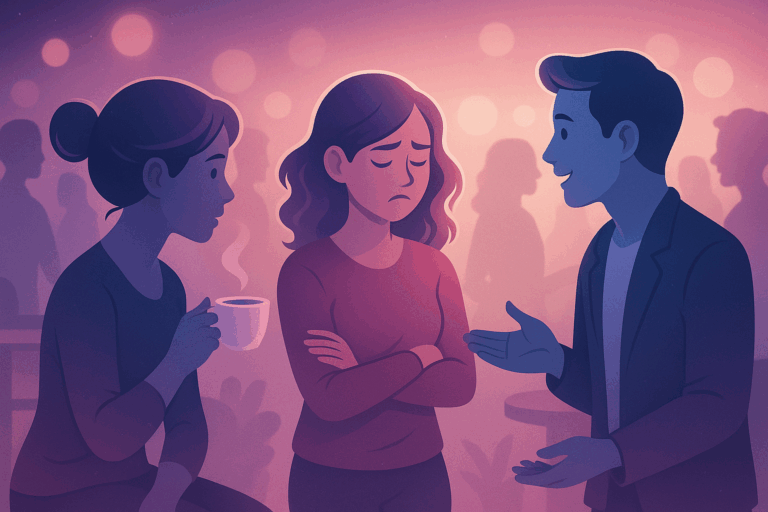 Illustration de trois personnes dans un café, l’une contrariée et les deux autres en train de lui parler, symbolisant le triangle sauveur victime persécuteur