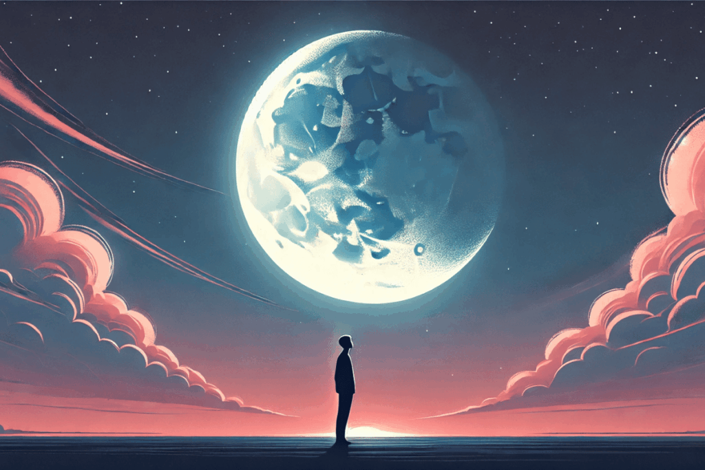 ilhouette d’une personne face à une grande pleine lune dans un ciel bleu nuit, illustrant les effets de la lune sur les hommes et leurs émotions.