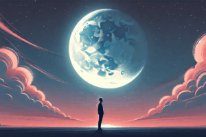 ilhouette d’une personne face à une grande pleine lune dans un ciel bleu nuit, illustrant les effets de la lune sur les hommes et leurs émotions.