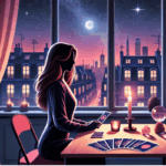 Femme assise à une table de tarot face à une médium, avec bougie et cartes étalées, illustrant une expérience du tirage de tarot en France.