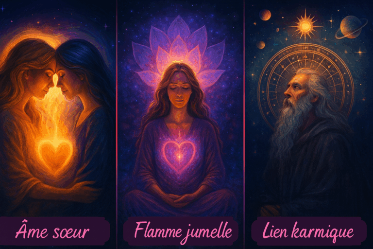 Illustration mystique représentant l’âme sœur, la flamme jumelle et le lien karmique à travers trois scènes spirituelles.