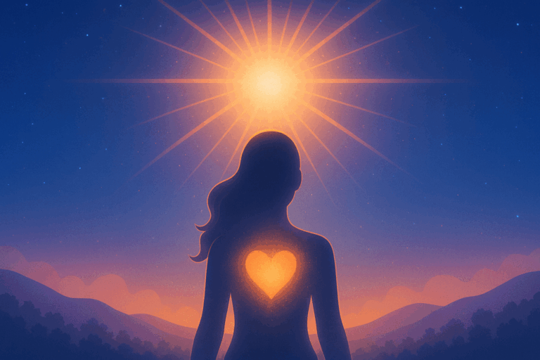 Femme éclairée par une lumière spirituelle, retrouvant la paix intérieure après une connexion d’âme bouleversante