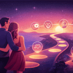 Jeune couple se tenant la main en courant sur la plage au coucher du soleil, symbolisant les etapes d une relation amoureuse epanouie