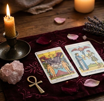 Cartes de tarot, bougie et cristaux pour illustrer une consultation amour