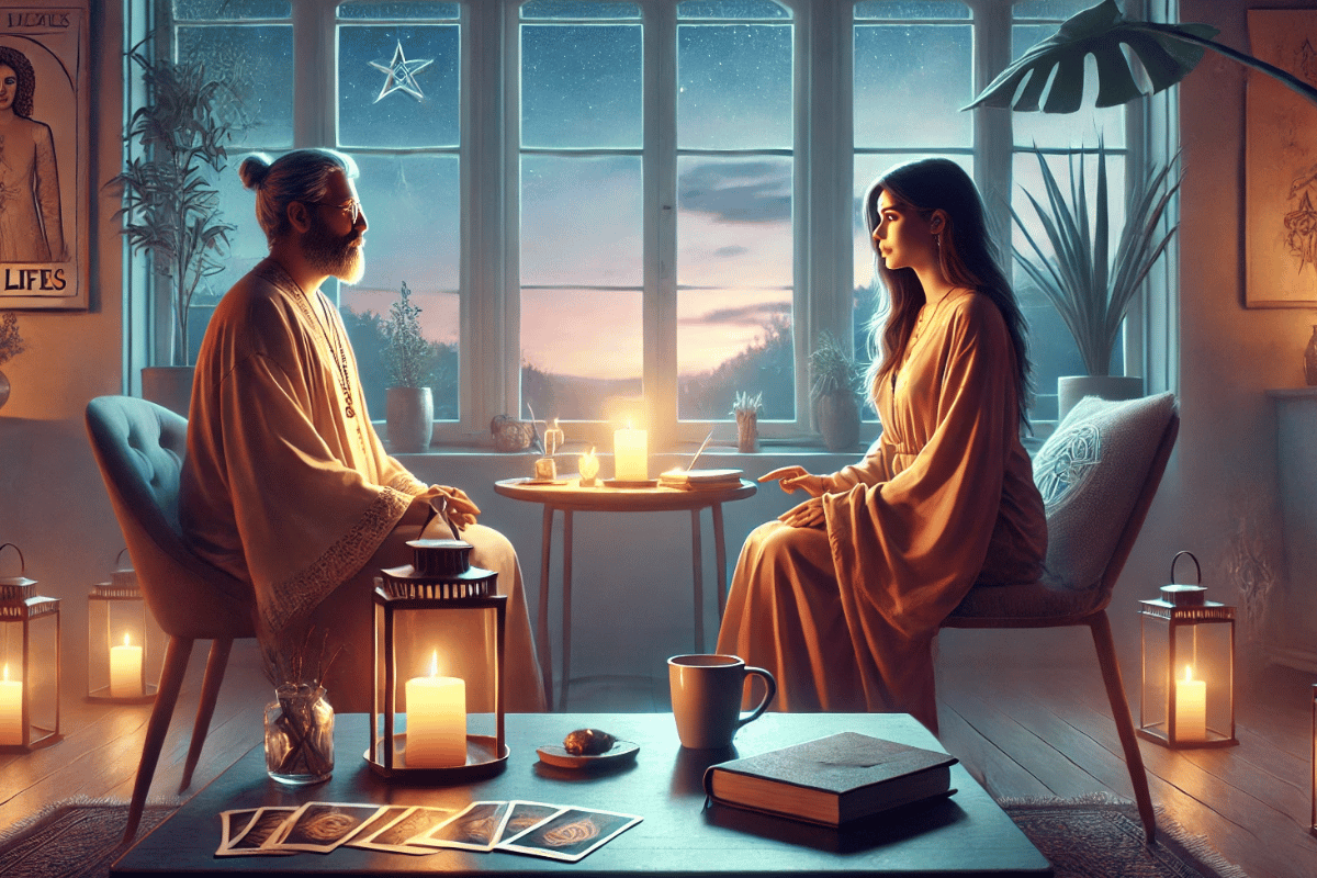 Une femme consulte un médium dans un salon tamisé, symbolisant un accompagnement sur ses vies antérieures en toute sécurité.