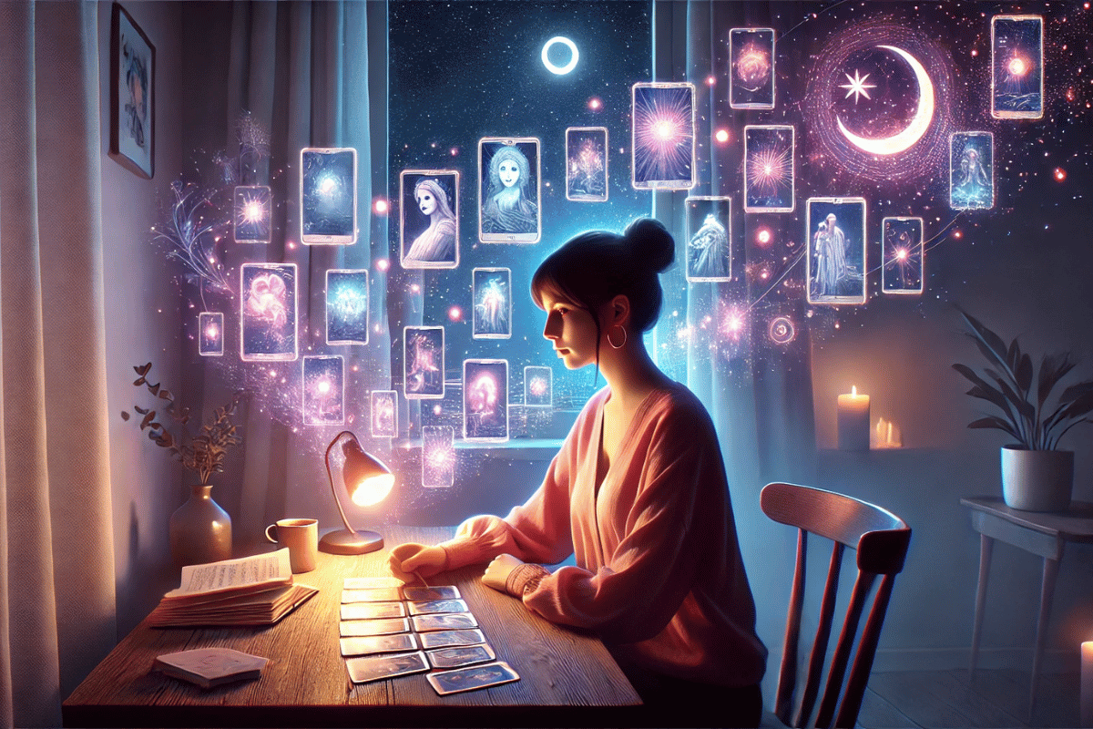 Une femme en consultation de voyance face à un médium, dans un salon tamisé, pour relire calmement son histoire d’âme et ses vies antérieures.