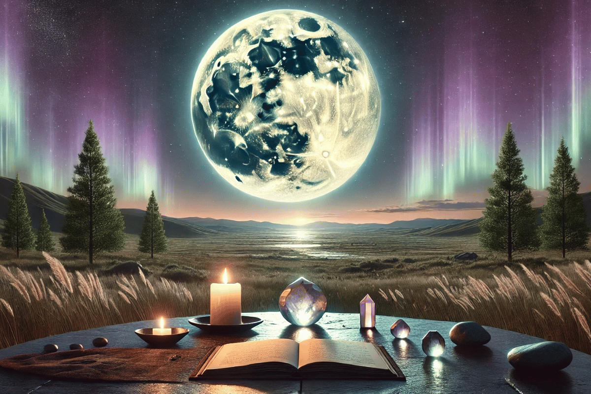 Rituel sous une pleine lune lumineuse illustrant les effets de la pleine lune et de la nouvelle lune sur ton énergie.