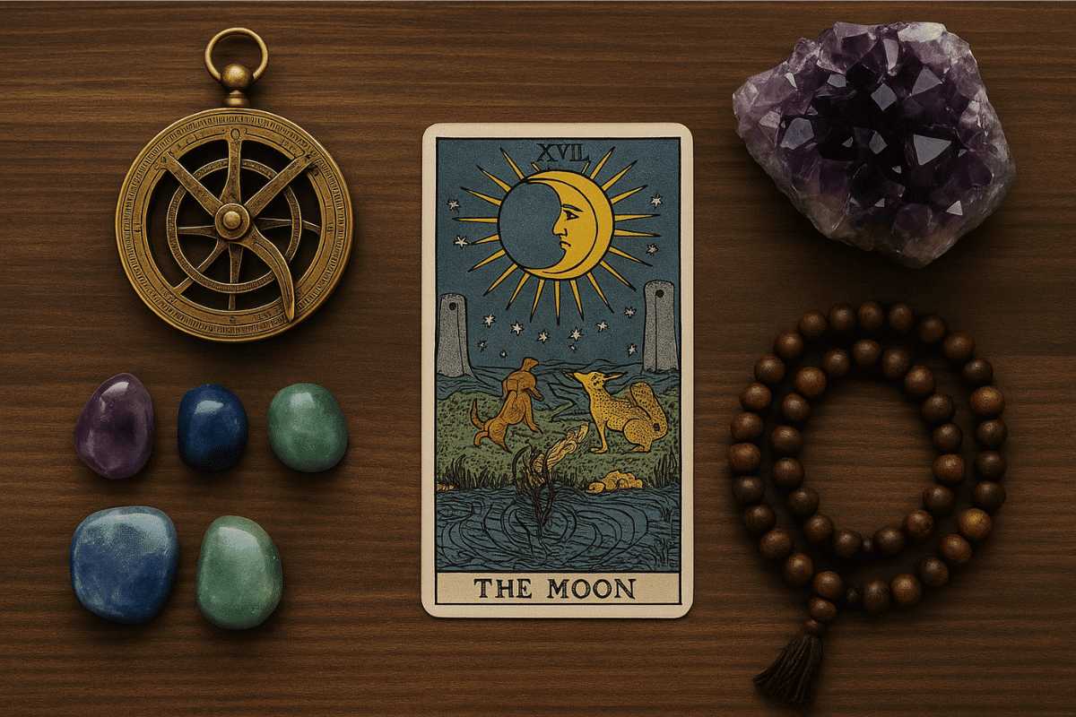 Carte de tarot, cristaux, mala et astrolabe disposés sur une table en bois, illustrant l’ésotérisme au-delà des clichés et des idées reçues.