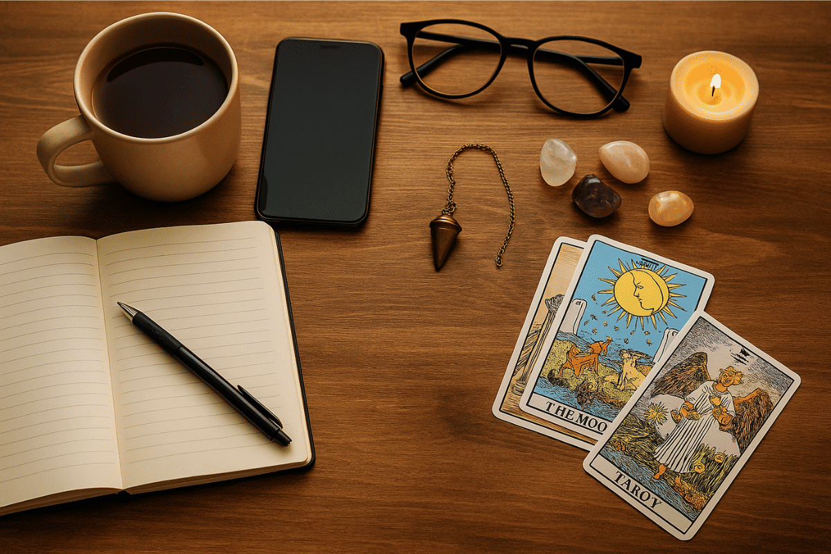 Vue de dessus d’une table en bois avec mug, carnet, smartphone, lunettes, bougie, cristaux, pendule et cartes de tarot, illustrant l’ésotérisme dans la vie quotidienne.