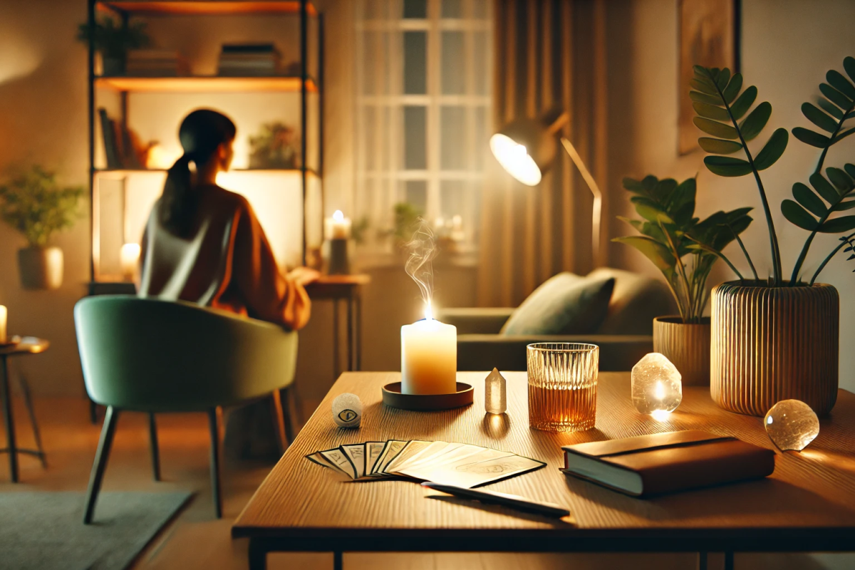 Salon chaleureux avec table basse où sont posés cartes de tarot, bougie, cristal et carnet, tandis qu’une femme est assise au fond de la pièce, évoquant une consultation avec un médium pour y voir plus clair.
