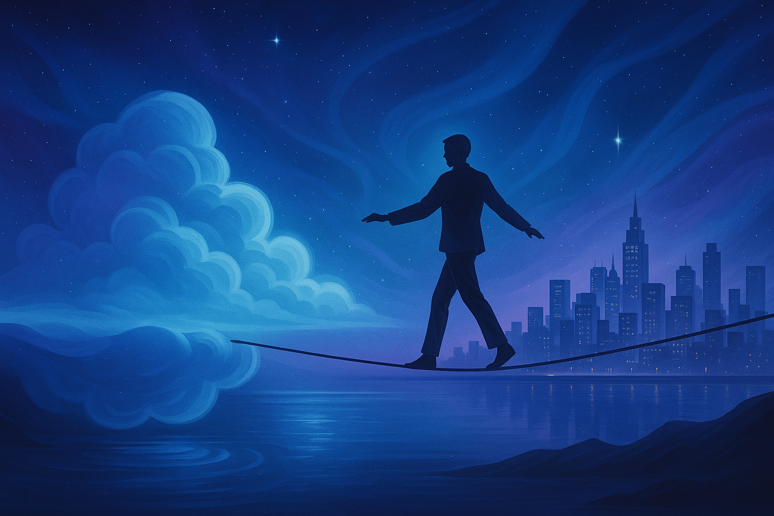 Silhouette avançant sur un chemin lumineux entre deux mondes, illustrant les défis du signe astrologique du Poisson entre rêve, fuite et ancrage