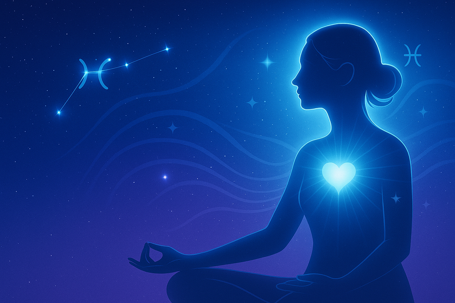 Silhouette méditative lumineuse illustrant la sensibilité psychique et l’intuition du signe astrologique du Poisson sur fond bleu nuit étoilé