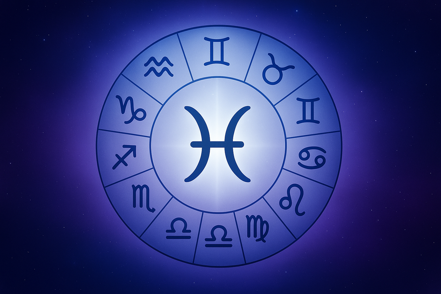 Illustration du signe astrologique du Poisson au centre de la roue du zodiaque sur un fond violet étoilé