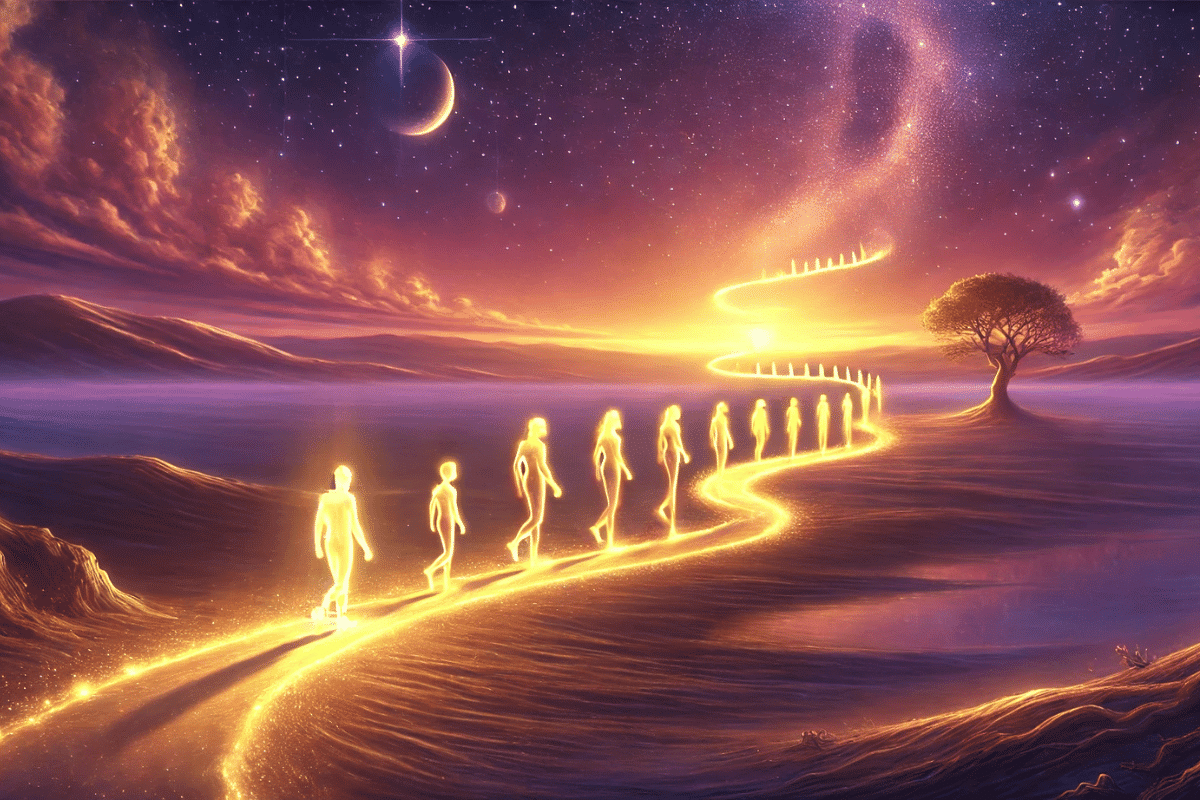 Femme pensive observant des images et des symboles évoquant les signes d’une vie antérieure, entre rêves, déjà-vu et émotions fortes.