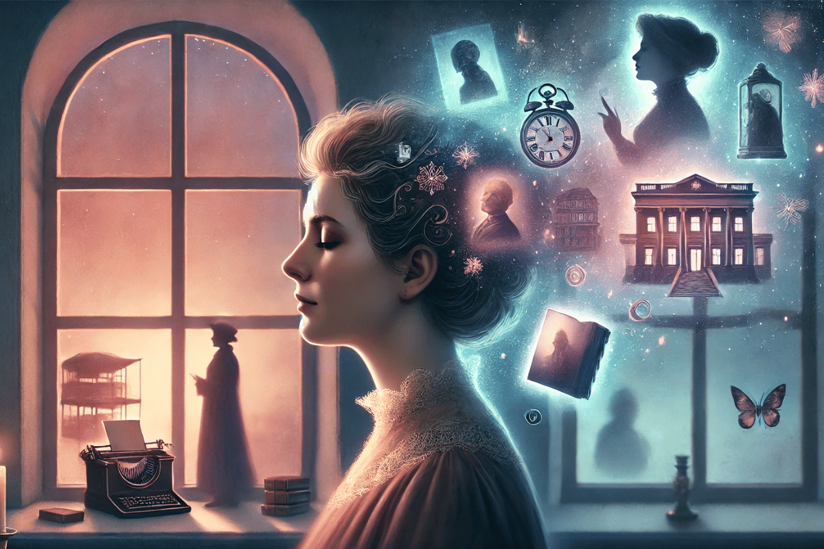 Femme les yeux fermés entourée de souvenirs et symboles lumineux évoquant les signes d’une vie antérieure et la mémoire de la réincarnation.