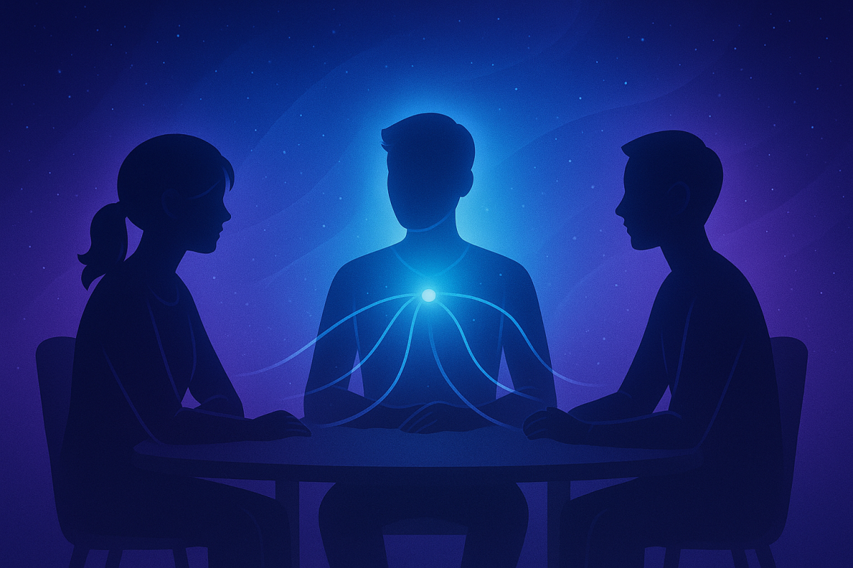 Illustration de trois silhouettes reliées par des fils de lumière symbolisant les rôles dans le système des relations au sein d’un groupe